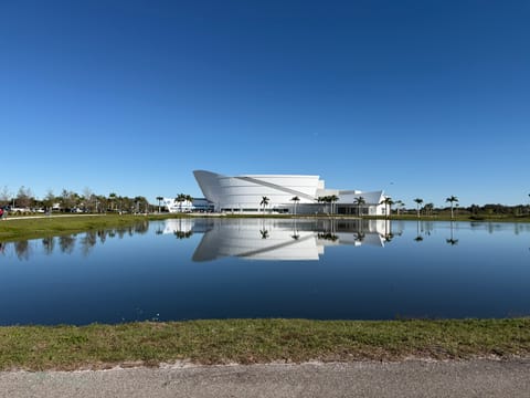 Modern white arena reflected in a still pond under blue sky with palm trees